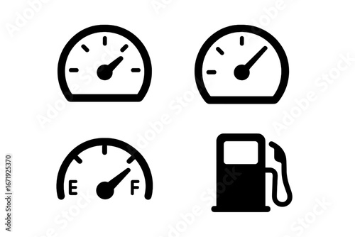 Solid icon set of speedometer and fuel gauge, vehicle dashboard symbols collection, vector cartoon illustration with transparent background, ordered set of automotive instrument panel icons