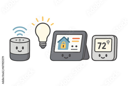 Smart home devices showcasing modern automation capabilities and connectivity for smart living environments, vector cartoon illustration with transparent background, ordered set 2
