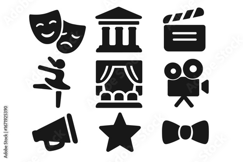 Theater and performance solid icons set with filled drama masks, ballet dancer, stage curtain, cinema camera, clapperboard, megaphone, star, bow tie symbols, vector cartoon illustration