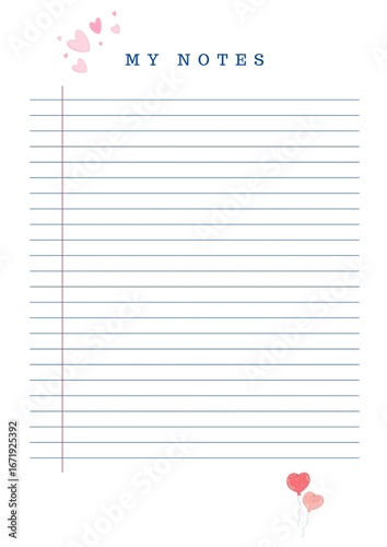 Cute lined notepad with heart illustration, perfect for taking notes, school notes, and to-do lists.