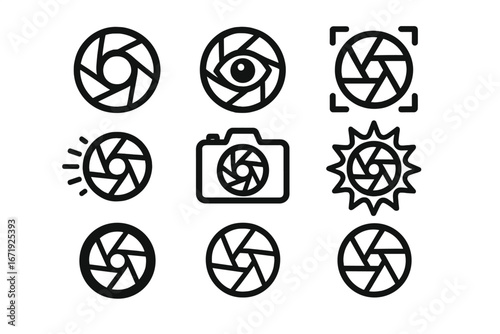 Various aperture icon designs illustrating photography concepts and camera technology in a simple vector cartoon style, transparent background, ordered set of photography symbols