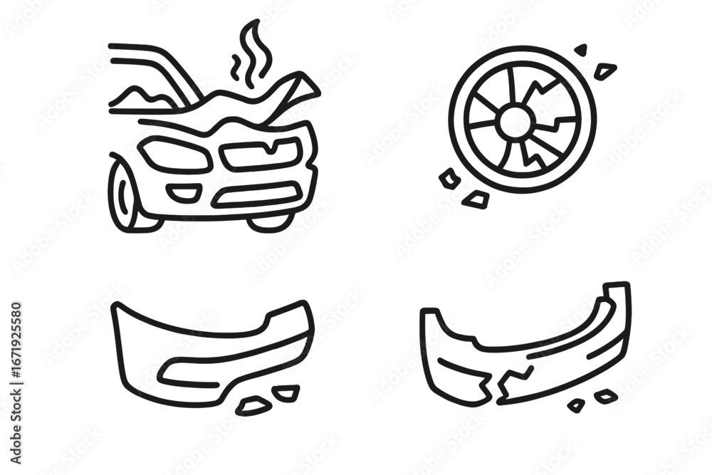 Traffic accident icons set, outline style, with crumpled car hood, shattered headlight, twisted bumper, vehicle collision debris, auto damage vector cartoon illustration