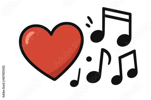 Creative heart and musical notes symbols representing music, sound design, melody, rhythm, love for music, and artistic expression in a vector cartoon style with transparent background