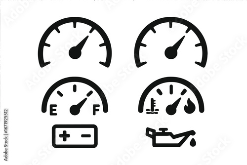 Automotive Speedometer and Gauges Silhouette Icon Set, Dashboard Indicators Vector Cartoon Illustration, Instrument Panel, Fuel, Temperature, Battery, Oil Symbols
