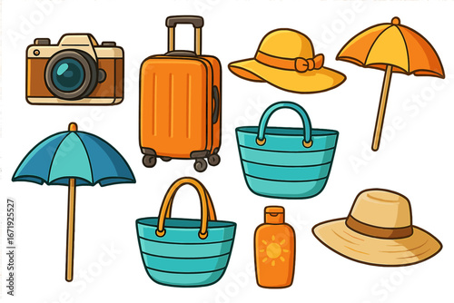Travel essentials for summer beach vacation with camera, luggage, sun hats, umbrellas, bags, and sunscreen. Vector cartoon illustration with bright colors and transparent background.