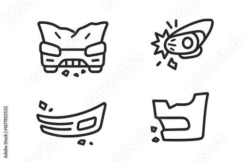 Traffic Accident Icons Outline Set, Vector Cartoon Illustration with Crumpled Hood, Shattered Headlight, Twisted Bumper Piece, Debris Stock Symbols for Car Crash Damage