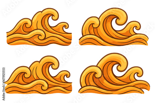 Stylized warm-toned wave patterns, flowing organic shapes, vector cartoon illustration, ocean wave set, dynamic water design, sea waves art, smooth curves, fluid motion