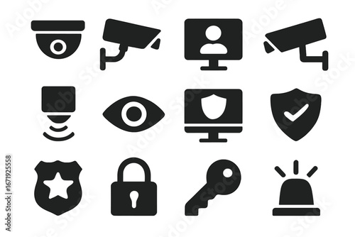 Surveillance and security solid icons set. Vector glyph symbols for monitoring, protection, CCTV camera, alarm, shield, lock, key, police badge, and computer safety concepts.