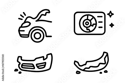 Traffic Accident Icons Outline Set, Vector Cartoon Illustration of Crumpled Car Hood, Shattered Headlight, Twisted Bumper Piece, Broken Vehicle Debris, Road Collision Elements
