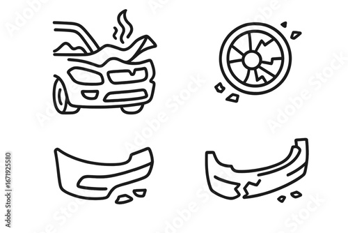 Traffic accident icons set, outline style, with crumpled car hood, shattered headlight, twisted bumper, vehicle collision debris, auto damage vector cartoon illustration