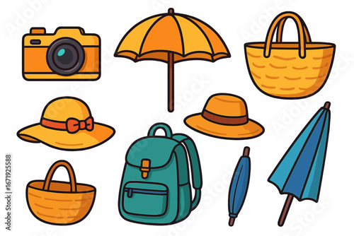 Travel essentials for summer beach vacation with camera, bags, hats, umbrellas for sun protection, vector cartoon illustration set of summer accessories for travel and leisure