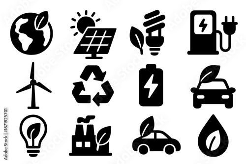 Sustainable Technology and Energy Icon Set with Eco Green Renewable Resources Symbols, Solid Black Vector Illustration of Solar, Wind, Battery, Recycling, Electric Vehicles, and Green Power