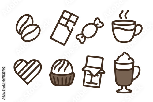 Various chocolate and confectionery symbols featuring coffee beans, chocolate bars, candies, and drinks in simple line art style, vector cartoon illustration, transparent background