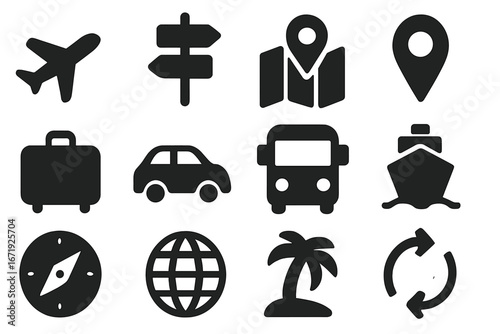 Solid filled transportation and travel icon set, navigation and journey symbols collection, vector cartoon illustration with transparent background, ordered set of travel icons