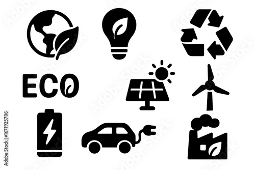 Sustainable Technology and Energy Solid Icon Set – Eco Green Renewable Resources Vector Cartoon Illustration with Transparent Background, Orderly Set of Renewable Energy and Eco-Friendly Symbols