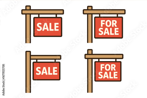 Sale and For Sale Real Estate Signs Icons, Housing Advertisement Boards, Property Sale Vector Cartoon Illustrations, Transparent Background, Marketing and Selling Concept