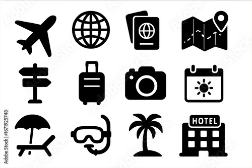 Travel and tourism icons set, black silhouette solid vacation planning symbols, vector cartoon illustration with transparent background, ordered collection for holiday and trip design