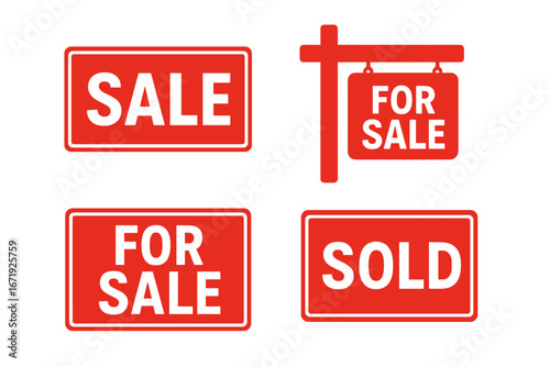 Set of red real estate sale signs, for sale and sold vector icons, isolated collection of cartoon style property market signs with transparent background, ordered set 1