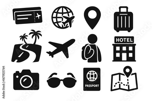 Travel and Tourism Icons Set – Silhouette Solid Vacation Planning Symbols Vector Cartoon Illustration with Transparent Background, Ordered Collection of Travel Essentials and Vacation Elements