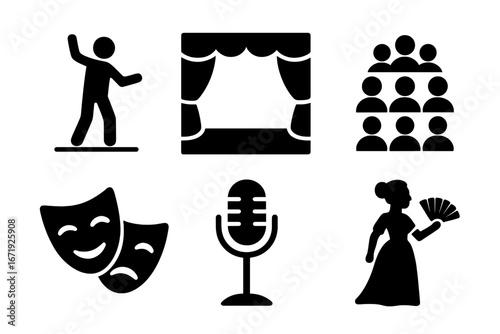 Theater performance silhouette icon set, drama stage elements collection, vector cartoon illustration with transparent background, acting masks, audience, microphone, performer, fan, and stage curtain