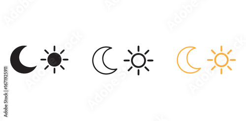 Sun and moon icon vector day and night icon set. Daytime sunset dark and light mode icons, 
Screen brightness and contrast level signs and symbols