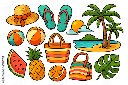 Vibrant Tropical Summer Elements with Beach Accessories, Fruits, Palm Trees, Island Landscape, Flip Flops, Straw Hats, Tote Bags, Beach Balls, Watermelon, Pineapple, Orange Slice Illustration
