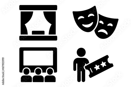 Theater and Cinema Solid Icon Set, Performance Stage, Audience, Drama Masks, Movie Screening, Ticket Holder Vector Cartoon Illustration with Transparent Background, Ordered Collection