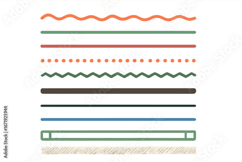 Variations of horizontal lines in different styles and vibrant colors on a plain background, suitable for design elements, borders, dividers, and creative vector illustration