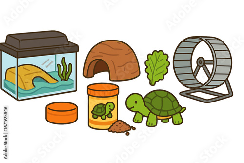 Turtle Care Essentials Set with Habitats, Food Containers, Exercise Wheels, and Natural Elements for Pet Turtles, Vector Cartoon Illustration with Transparent Background