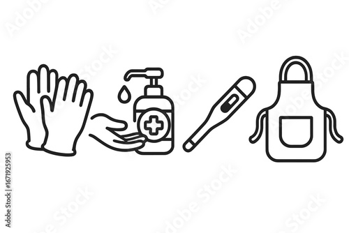 Vendor Safety Icons Outline Vector Set with Hygiene and Personal Protection Equipment Including Disposable Gloves, Hand Sanitizer, Thermometer, and Apron, Clean and Sanitary Concept
