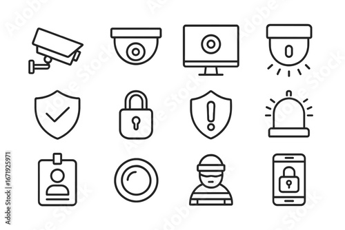 Security and Monitoring Icon Set, Surveillance and Protection Linear Icons Collection, Cartoon Style Vector, Transparent Background, Safety and Alert Symbols, Locked Padlock, Badge, Camera Lens