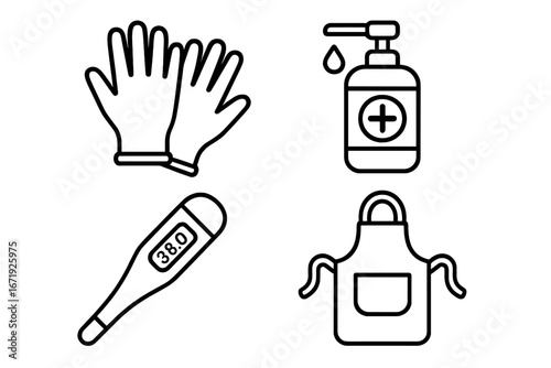 Vendor Safety Hygiene Icons Set. Outline Vector Icons of Health and Safety Equipment for Vendors Including Disposable Gloves, Hand Sanitizer, Thermometer, Apron, Cartoon Illustration