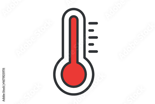 Thermometer symbol indicating high temperature with red liquid and scale in minimalist design, vector cartoon illustration set, transparent background, medical, weather, heat concept