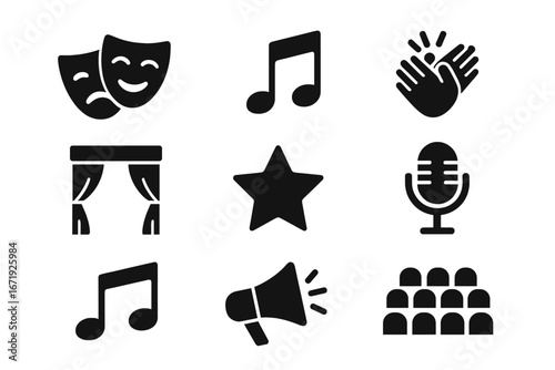 Theater and Entertainment Icons Set, Drama and Music Symbols Collection, Solid Vector Cartoon Illustrations with Transparent Background, Performance and Audience Elements