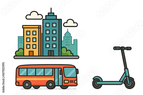 Urban transportation elements including city buildings, public buses, and electric scooters in a vibrant metropolitan environment, colorful vector cartoon illustration with transparent background