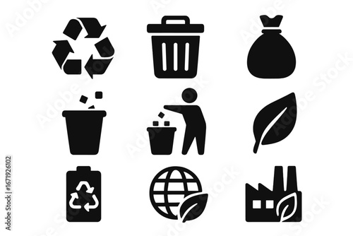 Waste Management Solid Icons Set – Recycling Symbols, Garbage Disposal, Eco-Friendly Actions, Environmental Care, Waste Reduction, Sustainable Living, Vector Illustration