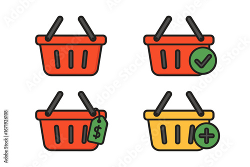 Shopping Basket Icon Set with Purchase, Market, and Buy Symbols, Vector Cartoon Illustration Collection, Transparent Background, Market Basket Design for eCommerce and Retail