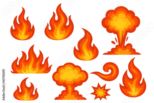 Various vibrant flame, fire, explosion, and smoky cloud vector illustrations with dynamic shapes and bright orange-yellow colors, cartoon style, isolated transparent background set