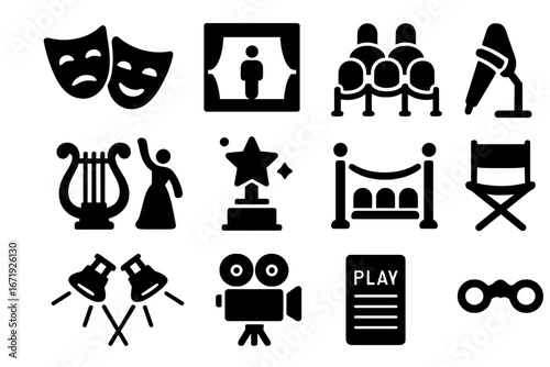 Theater and Performance Solid Icon Set, Drama and Entertainment Symbols, Stage Acting and Music Icons, Film Production and Celebrity Elements, Vector Cartoon Illustration