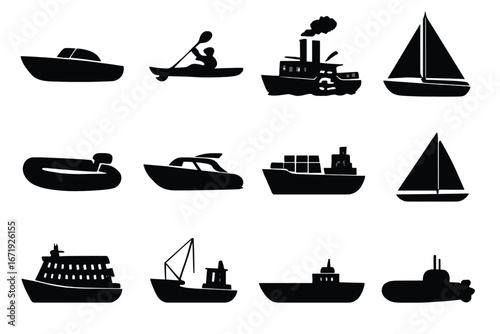 Nautical transportation vehicles silhouette icon set, including boats, ships, submarines, sailboats, yachts, kayaks, and ferries, vector cartoon collection with transparent background