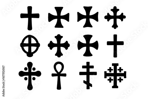 Collection of Various Black Cross Symbols in Different Styles on White Background for Design, Decoration, Religious and Cultural Use, Vector Cartoon Illustration Set for Creative Projects