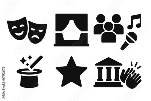 Theater and Entertainment Solid Icon Set, Performance Stage Audience Collection, Drama Masks, Microphone, Magic Wand, Star, Applause and Theater Building Symbols, Vector Cartoon Illustration