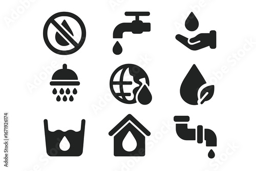 Water conservation solid icon set with filled plumbing and eco-friendly symbols, vector cartoon illustration, transparent background, ordered set of environmental water saving signs