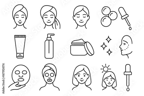 Skin care beauty outline icon set, dermatology essentials, cosmetics line art, facial treatment icons, skincare routine elements, vector cartoon illustration with transparent background, ordered set 3