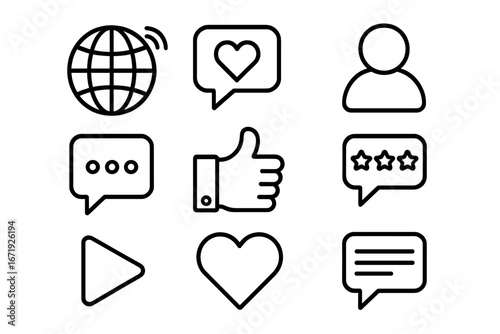 Social media icons set including network, feedback, online communication, like, heart, rating, user profile, chat, and multimedia vector outline illustrations with transparent background