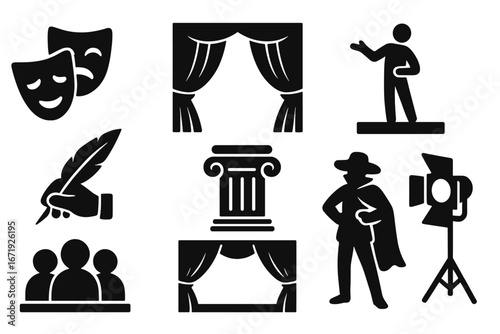 Theater and Performance Silhouette Icon Set with Drama Masks, Stage Curtains, Actors, Writing Quill, Audience, and Spotlight – Vector Cartoon Collection with Transparent Background