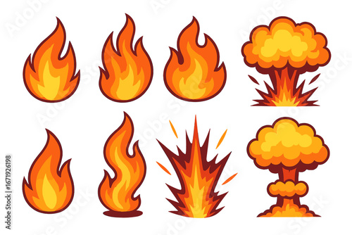 Various Vibrant Flame and Explosion Vector Illustrations, Cartoon Fire and Blast Icons, Bright Fiery Elements, Bold Graphic Set with Transparent Background, Dynamic Combustion Designs