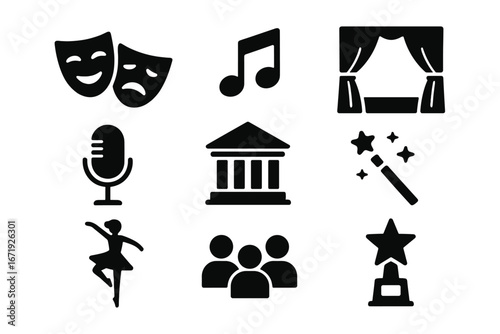 Theater and performance solid icon set, artistic entertainment symbols collection, vector cartoon illustration with transparent background, ordered icon set of drama, music, dance, stage, and awards