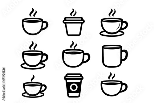Various coffee cup icons in black and white minimalist design, hot beverage symbols, steaming coffee mugs and takeaway cups, vector cartoon illustration for digital use and branding projects