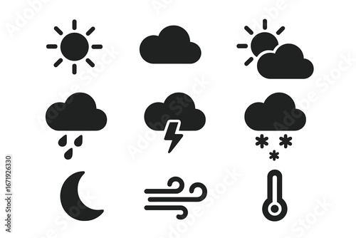 Weather Conditions Solid Icon Set – Filled Climate and Atmospheric Symbols Vector Cartoon Illustration, Transparent Background, Sun, Clouds, Rain, Thunderstorm, Snow, Moon, Wind, Temperature